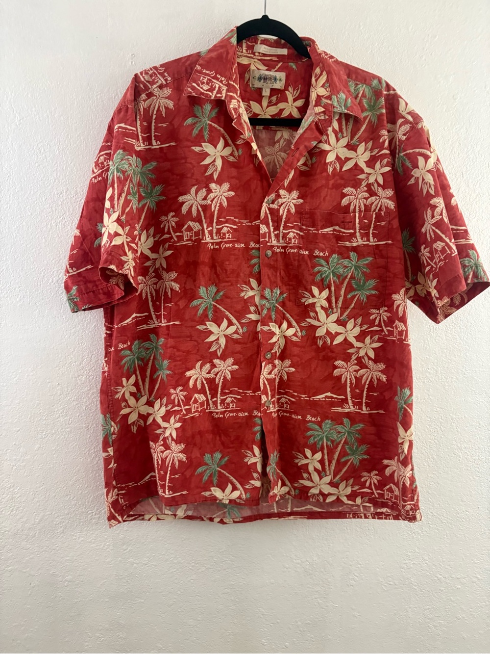 Campia red short-sleeve Hawaiian button-down shirt all-over tropica palm tree L